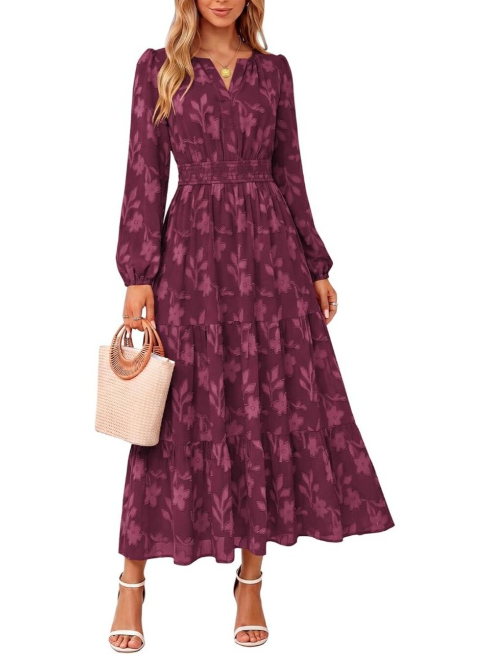 Women's Burgundy Long Sleeve With Pockets V Neck Wedding Guest Maxi Dresses